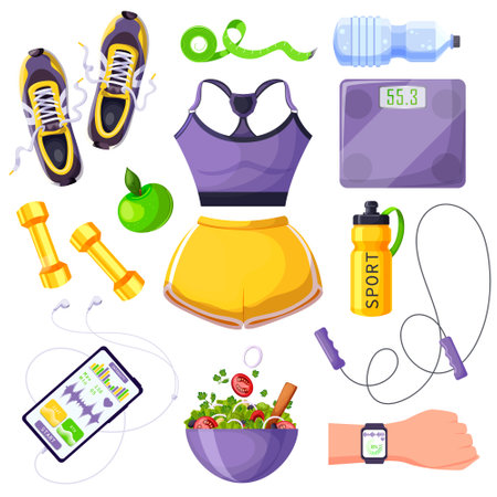 Fitness girl, woman training equipment set. Isolated dumbbells, sportswear, weights, jumping rope, sneakers, mineral water, sport bottle, watch, smartphone, meter, apple, salad. vector illustrationのイラスト素材