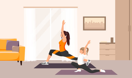 Happy long brown hair woman, daughter practice fitness together, sport exercise home, family workout. Sporty healthy active girls pig tail, yoga stretching, lunges lifting arms. vector illustrationのイラスト素材