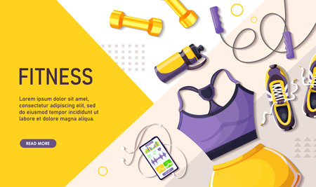 Fitness gym women accessories poster. training equipment for women. Girls sport motivation flyer. Female violet suit, shorts, bottle of water, smartphone, skipping ropes, sneakers. vector illustrationのイラスト素材