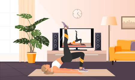 Happy long blonde hair woman practicing fitness activity, sport exercise home, online TV. Sporty healthy active girl pig tail training, yoga mat lift leg do bridge, stretching. vector illustrationのイラスト素材