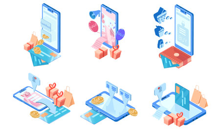 Isometric online payment, bank, count, receive, send money, finance. Financial web, digital technologies, internet security. mobile application, smartphone. Icons. cashback system. vector illustrationのイラスト素材