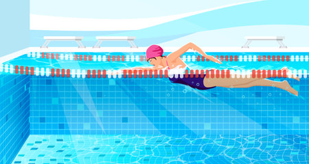 Active healthy strong young woman, girl swimmer swimming pool, glasses, sport swim suit water, finish, competition, training fitness club, gym, workout. Freestyle speed swimming. vector illustrationのイラスト素材