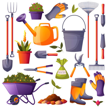 Set garden, grow plant, grower tools, instruments, village, dacha, kitchen-garden, kale yard, farm, gardening, flower. bucket, watering can, shovel, rake, soil, hoe, boots, seed. vector illustrationのイラスト素材