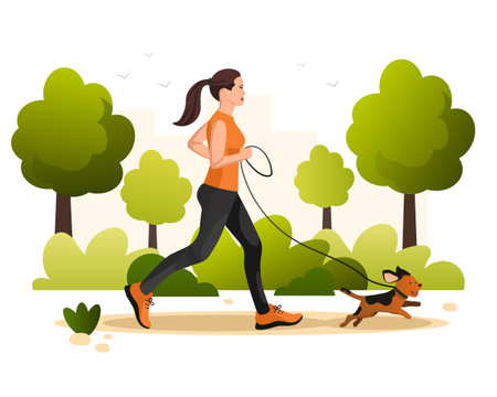 Young brown hair woman with cute dog, girl, running pet, jogging in park, nature, forest, green trees, bushes. Run, jog, active morning, day walk sportswear outside. Athletic woman. vector illustrationのイラスト素材