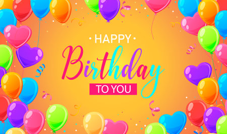 Purple banner texted happy birthday to you decorated orange, blue, red, pink, green, purple balloons. Surprise, celebration, party poster, greeting card, colorful background. vector illustrationのイラスト素材