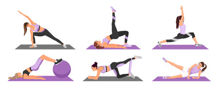 Woman, girl training set gym. Women doing stretching, sport, fitness, yoga exercises. Lunges, squats, side slats, tilt, bridge, fitness ball, fitness elastic band, leg lift, raise. vector illustrationのイラスト素材
