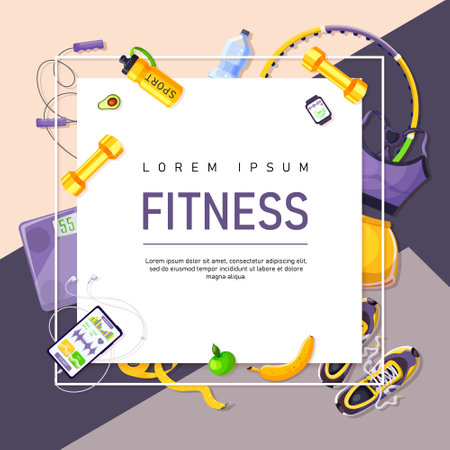 fitness gym girl accessories poster. training equipment for women. Flyer sport motivation. Workout icons. Female violet suit, yellow shorts, bottle of water, scales, sneakers. vector illustrationのイラスト素材
