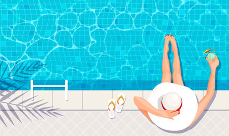 Woman in white hat relax in the pool. Lady in bikini rest with cocktail. Beautiful girl enjoy on luxury spa vacation. Summer holiday swimming pool party. Top view flat design poster. vector illustrationのイラスト素材