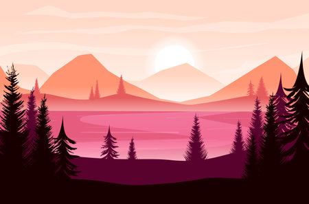 River, lake landscape. River valley, view on the hills. Sunrise, sunset, dawn, pink fog pine forest. Beautiful natural wildlife, mountain scenery. Morning, evening wood. Sun, horizon. vector illustrationのイラスト素材
