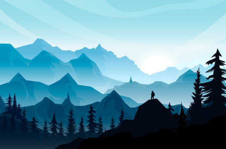 Mountain sunrise, sunset fog landscape, traveling man, traveler, tourist silhouette, rocks. Adventure forest hills. beautiful wildlife scenery. Alone travel, tourism concept. vector illustrationのイラスト素材