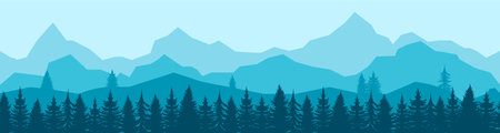 Forest panorama with coniferous trees. Horizontal panoramic seamless banner with hilly forest background, pine, cedar, wood in dark and light blue tones. Flat vector illustration.のイラスト素材