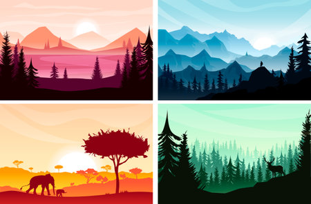 Sunset landscape set. Savannah, Africa, elephant with baby, acacia on background. Man silhouette on mountain top, rocks. River, hills on backdrop. Deer in pine forest in fog. vector illustrationのイラスト素材