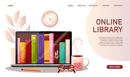Online library, digital bookstore, bookshop, reading app, librarian banner. Laptop, on table, books on screen. Technology download literature to read, online education, learning. vector illustrationのイラスト素材