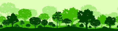 Forest panorama with deciduous trees. Horizontal panoramic seamless banner with hilly forest background, wood in dark and light green tones. Flat vector illustration.のイラスト素材