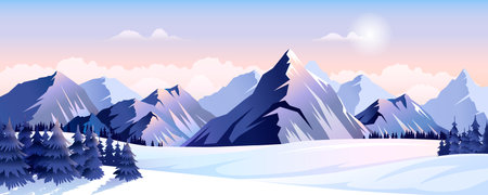 Winter mountains, nature, alps, countryside landscape. Frosty day in rocks, hills in snow. Snowy mountain, forest scenery. Cold season, north slopes background, panoramic view. vector illustrationのイラスト素材