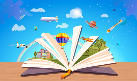 Open book, world inside. Imagination, fantasy, magic in literature concept. Season fairy tale, storybook, textbook. Town, forest, aerostat, rocket, plane, space, sky. vector illustrationのイラスト素材