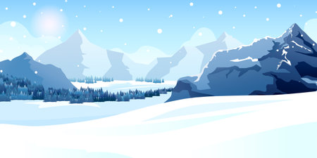 Winter sunny beautiful day, snowy mountain, alpine landscape. Snow, snowflakes fall down, sun shine in background. Spruce forest, trees foot Alps mountains. country nature view. vector illustrationのイラスト素材