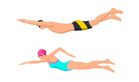 Isolated active healthy strong young man, woman, girl, boy, swimmer swimming pool, glasses, sport suit, competition, training fitness, gym, workout. Freestyle swimming, diving. vector illustrationのイラスト素材