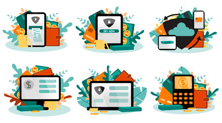 Online payment, bank, count, receive, send money, finance. Financial web, digital technologies, internet security. mobile application, smartphone. icon set. Buy, pay, world system. vector illustrationのイラスト素材