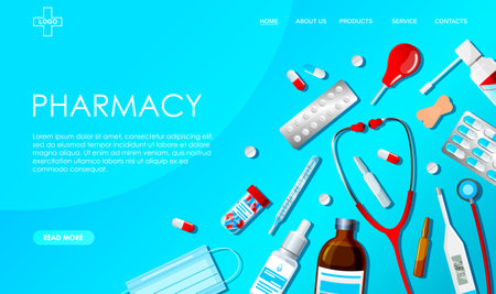 Online pharmacy site, digital drugstore, medical, medicine mobile application concept. Medication, stethoscope, thermometer, vaccine, drops, enema, patches, mask, blue background. vector illustrationのイラスト素材