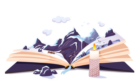 Open book, winter nature inside. Imagination, fantasy, magic in literature concept. Season fairy tale, storybook, textbook. lake, forest landscape picture. Stone, candle on table. vector illustrationのイラスト素材