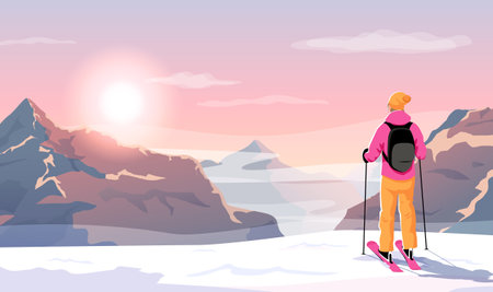 Skier in pink, orange stand on snow in mountains enjoys looking beautiful Alps scenery at purple dawn, sunrise, sunset. Morning or evening winter landscape, fog rocks in sunshine. vector illustrationのイラスト素材