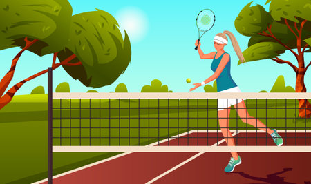 Young female, woman, girl tennis player hit ball, playground, net, field. Outside, sunny day park, nature tennis action, activity, professional sportswoman training, playing. vector illustrationのイラスト素材