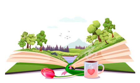 Open book, spring nature inside. Imagination, fantasy, magic in literature concept. Season fairy tale, storybook, textbook. lake, forest landscape picture. Tulip, cup of tea. vector illustrationのイラスト素材
