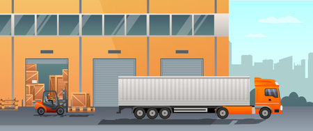 Warehouse, storage worker in loader, forklift load cargo wooden boxes, pack of goods into delivery, logistics truck for transportation, freight. outdoor storehouse building. vector illustrationのイラスト素材