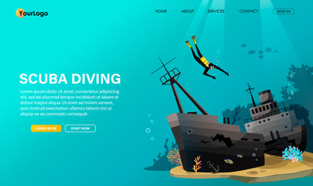 Diver with aqualung in special underwater equipment dive under blue water to explore sunken, wreck ship on coral reef bottom, seabed. Scuba diving club banner, poster, billboard. vector illustrationのイラスト素材