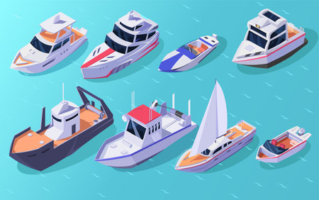 Set of yachts isometric icons. Types of travel ships. luxury marine cruise boats. Yachting 3d vessel. Fishing sea cruise collection. Tourism water transport for river or lake. vector illustrationのイラスト素材