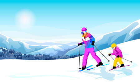 Woman teach girl slide down snow slope on skis, mountain nature in alps or winter country landscape sunny clear frost day. Sport family holiday. Mother, daughter, baby, kid skiing. vector illustrationのイラスト素材