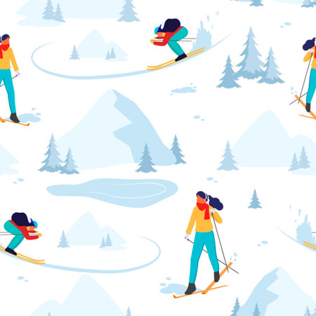 Skiers seamless pattern. People skiing in colorful clothes. Young woman on ski in winter snow mountain, Alps. Blue trees, ice lake on white background. country cross activity. vector illustrationのイラスト素材