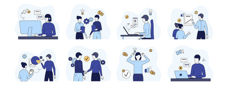 Office people, online education, distance work. Woman zoom meet laptop. Colleagues solve the problem. Business woman, man, colleague discussion, distant study, idea, lamp above head. vector illustrationのイラスト素材