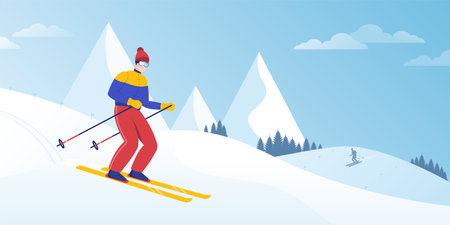 Skier, young man on ski ride down snow slope, hill, downhill in mountain, alps, alpine skiing retro sportsman. Sportsmen, people in ski resort. Winter holiday, vacation activity. vector illustrationのイラスト素材