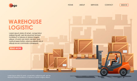 Warehouse worker in loader. Man in forklift loads wooden boxes indoor storage, storehouse. Cargo logistics. Full shelves, racks on background. Goods storage, shipment service. vector illustrationのイラスト素材