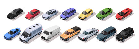 Set of isometric city cars with collection bus, sedan, universal, hatchback, pickup, truck, coupe, sport car, suv, minivan isolated on white background. Colorful vehicles showroom. vector illustrationのイラスト素材