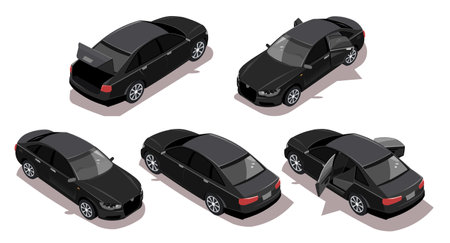 Black car in different isometric views isolated on white background. Black business sedan with open door and trunk. Side, front, rear view of executive automobile. vector illustrationのイラスト素材