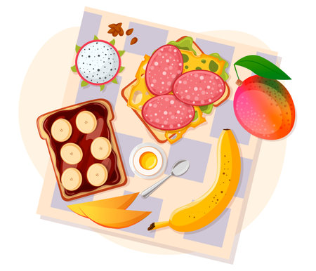Breakfast with fruits, sandwich, egg. Fresh toast bread with cheese, ham, green cabbage. Dinner diet meal, healthy asia hotel menu. Restaurant served napkin, spoon. Isolated flat vector illustrationのイラスト素材