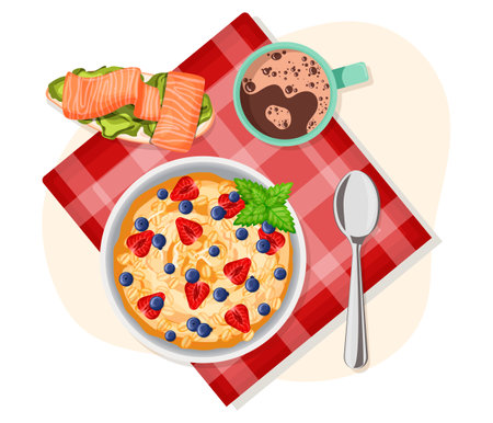 Oatmeal porridge breakfast, sandwich with salty salmon, trout and avocado on bread. Dinner meal, diet healthy lunch with cocoa. Restaurant plate served napkin, spoon. Isolated flat vector illustrationのイラスト素材
