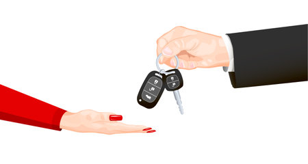 Hands giving keys with keyring of new car, automobile. Woman, girl customer and agent at purchase sell, rent or get full car service. Realistic men hand in black suit with keys. vector illustrationのイラスト素材