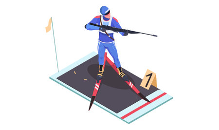 Biathlon cross-country skiing. Cross country skier. winter sports activities. Young advanced man on ski. Isometric vector illustration.のイラスト素材