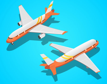 Set of isometric passenger aircraft, airplane isolated on a blue background. Isometric air transport. Air passenger transport. vector illustrationのイラスト素材