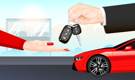 Hands giving keys in dealer showroom of new red car, automobile. Woman and agent at deal purchase sell, rent or get full car service. Realistic men hand in black suit with keys. vector illustrationのイラスト素材