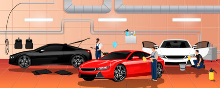 Car wash service station interior. car wash in building. New cars for sale. Shiny luxury sedan red, white, black colors. Workers wiping and drying automobile. Toned windows vehicle. vector illustrationのイラスト素材