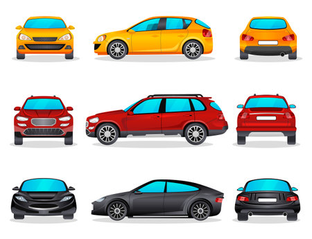 Car isolated set on white background. Colorful modern collection hatchback. Automobile view side, front, back. Realistic vehicle design. New model toy mini machine icons. Flat vector illustration.のイラスト素材