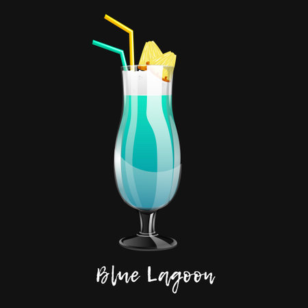 Alcoholic cocktail blue lagoon on black background. Bar drink, beverage in glass for menu. vector illustrationのイラスト素材