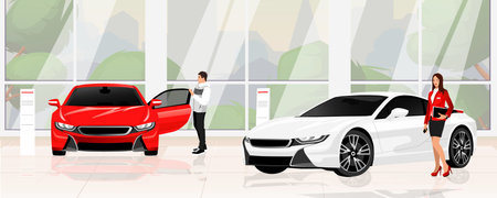 car showroom. Woman in red Jacket, girl agent and customer man inside dealership. Urban business, sales new expensive vehicles, luxury sport transport. Showcase for brilliant cars. vector illustrationのイラスト素材