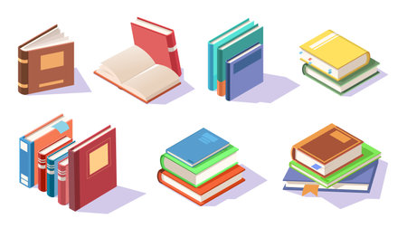 Set of isometric library books icons. Open book, stack of books. School textbook, collection education dictionary, university literature bookstore. 3d isolated on white background. vector illustrationのイラスト素材