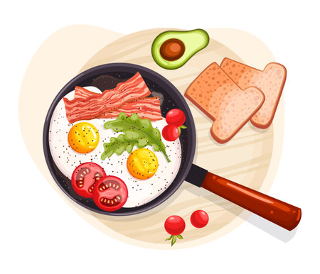 English breakfast on hot frying pan. Serving dish of fried eggs with bacon and tomatoes. Full portion of popular restaurant food menu. Morning meal for cafe and dives Isolated flat vector illustrationのイラスト素材